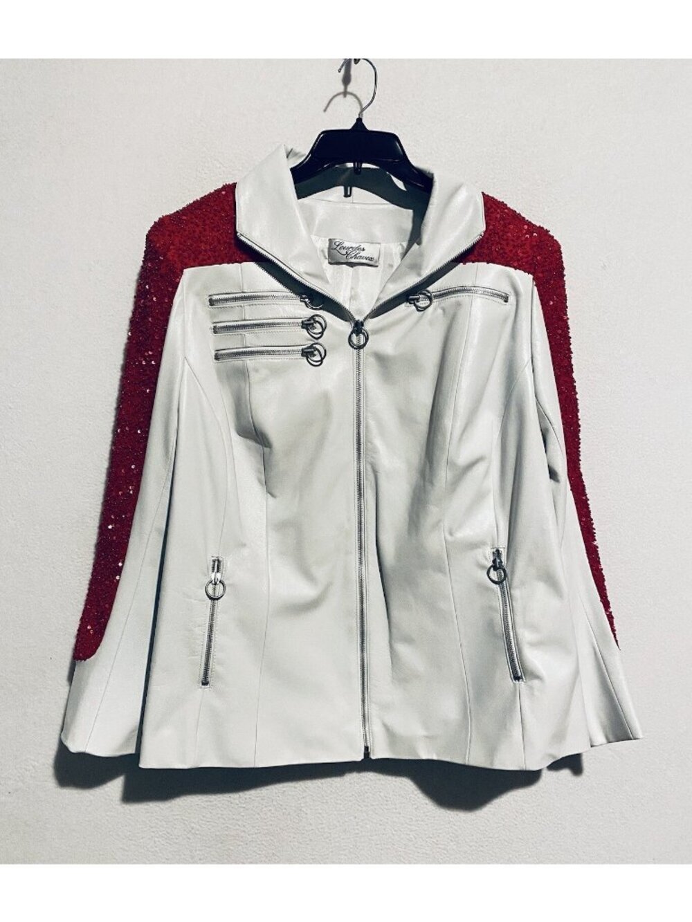 Lourdes Chavez Moto Jacket Womens S/M Zip Up White Leather Red Sequin Accent